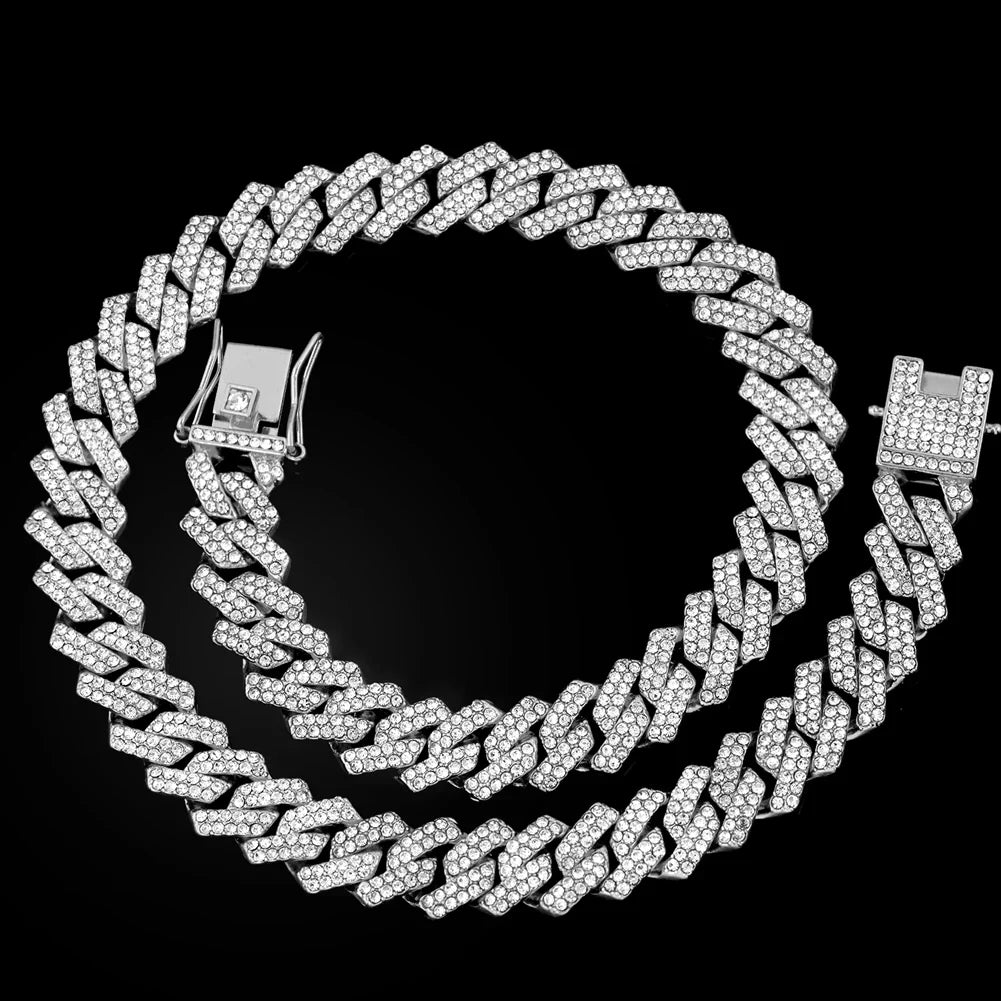 20-Inch Double-Drain Cuban Chain Unisex, Ice-Frozen Edition Sparkling Diamond Shaped Necklace Jewelry.