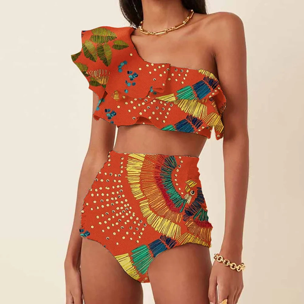 Women's Printed Ruffle Swimsuit Fashion One Shoulder Slash Breasted Bikini Two Piece High Waisted Tummy Tuck Beachwear 2024 New
