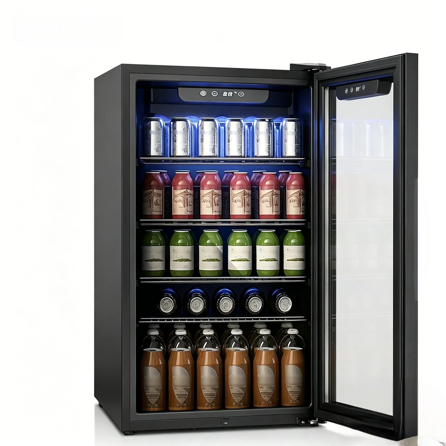 EKOJUCE Beverage Refrigerator and Cooler, 126 Can Mini fridge with Glass Door, Small Refrigerator with Adjustable Shelves for Soda Drinks or coco, Perfect for Home/Ba r/Office (Black/Sliver Steel)