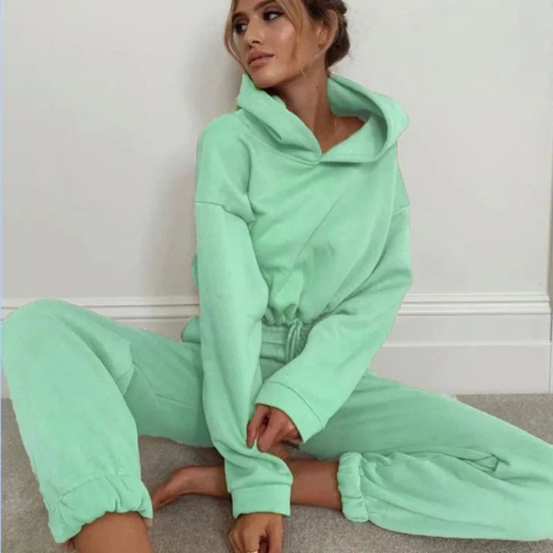 Winter Tracksuit Women Two Piece Set - Oversized Hoodie Sweatpants, Solid Color Sportswear Suit.