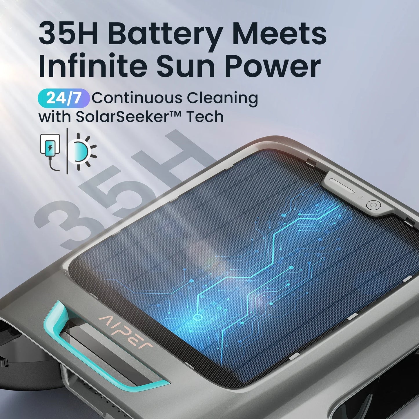AIPER EcoSurfer S2 Solar Pool Skimmer Robot 24/7 Continuous Cleaning, Gray | App Support, Dual Charging Modes, Smart Obstacle Avoidance, 150-um Filtration, OTA Upgrade, Leak-Proof Baffle, Edge Cleaning,Refurbished