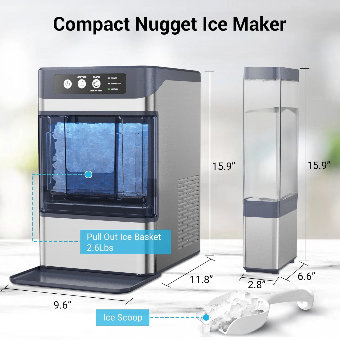 Nugget Ice Maker Countertop with Side Water Tank 40lbs/Day Self-Cleaning Pebble Ice Maker Machine Soft Chewable Pellet Ice