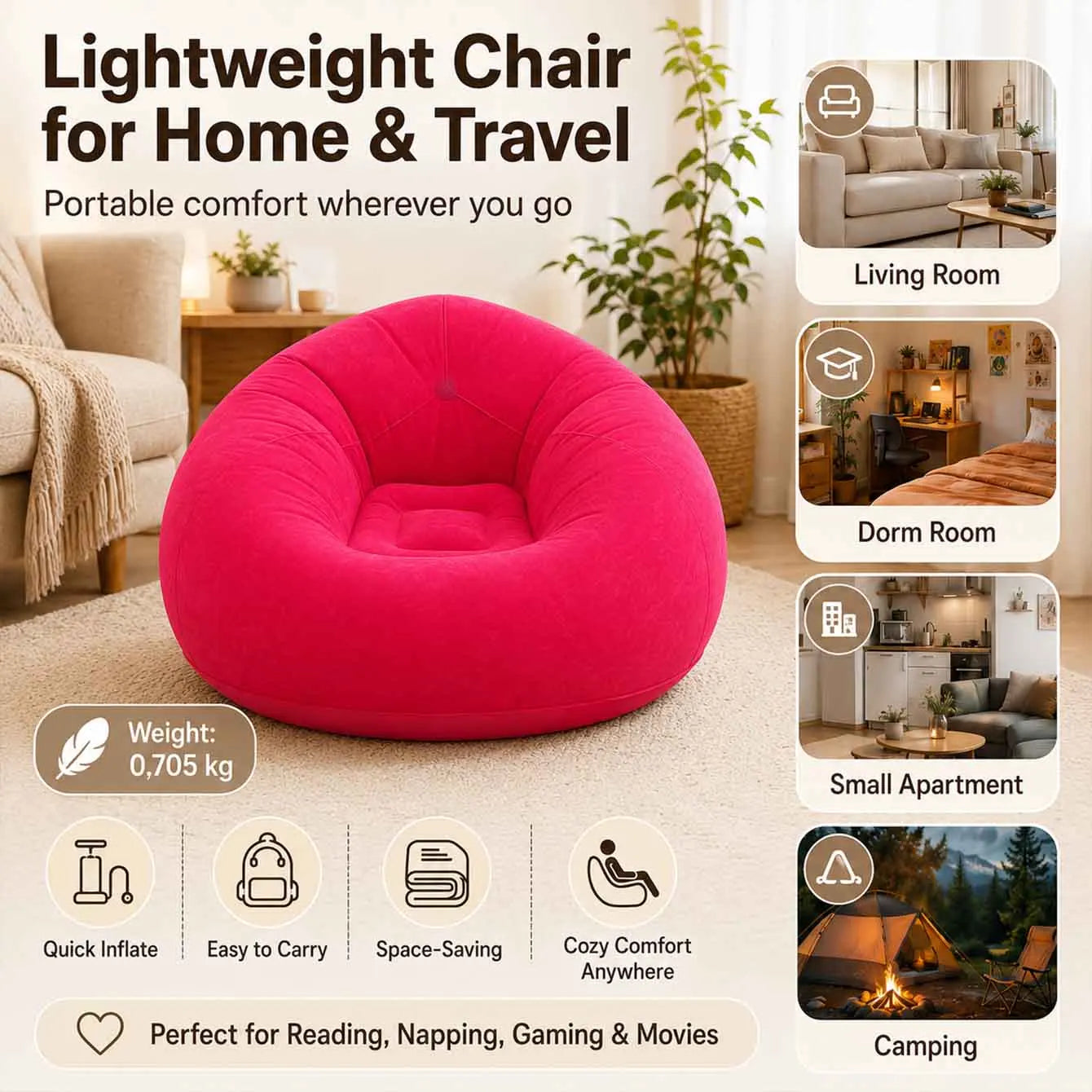1PC Inflatable Bean Bag Chairs Outdoor Blow up Camping Chairs Inflatable Lazy Sofa Folding Portable Bean Bag Loungers Couch