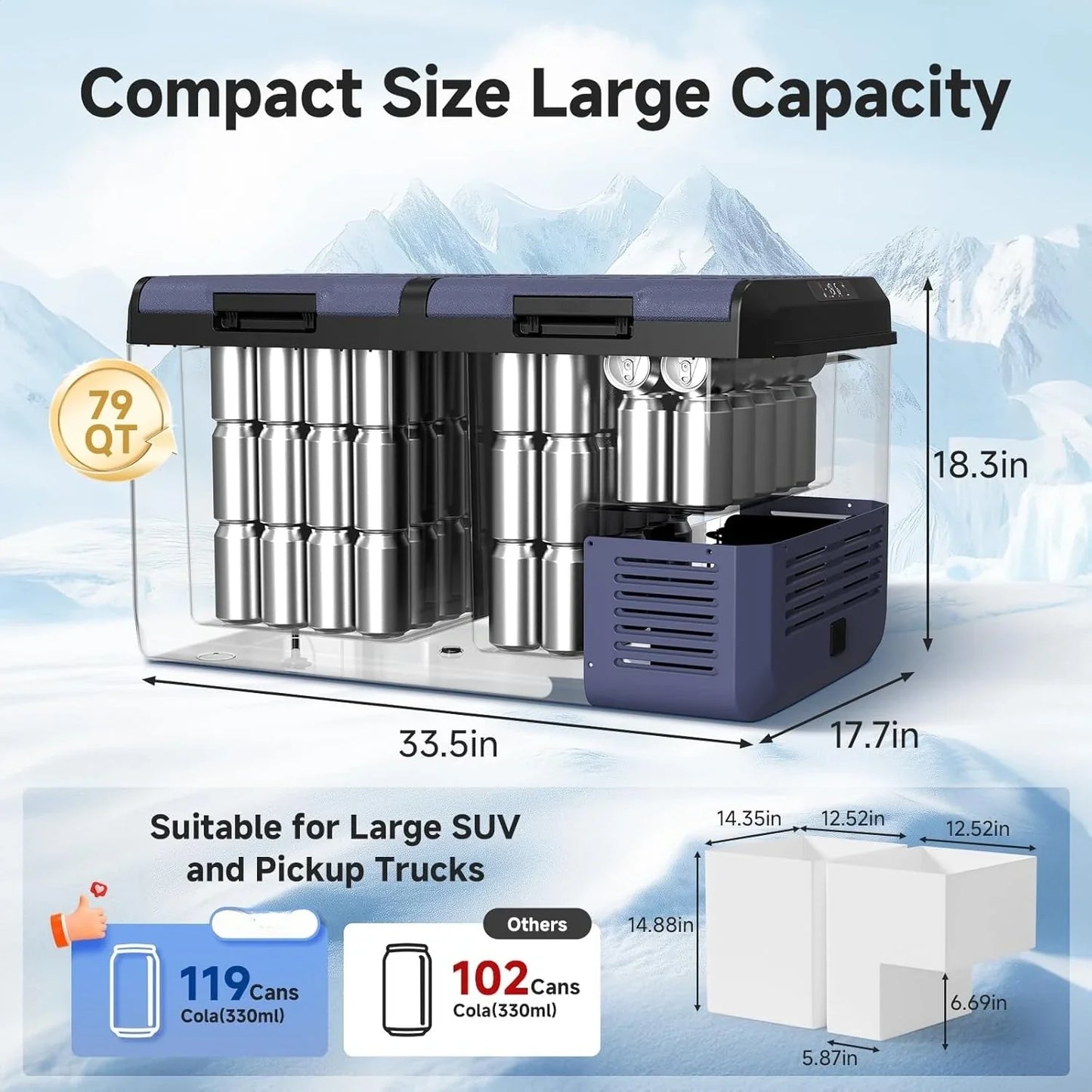 12 Volt Car Refrigerator, 79QT(75L) IPX4 Waterproof Electric Cooler, RV Car Fridge Dual Zone APP Control