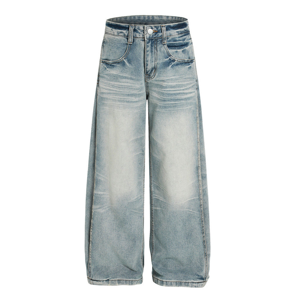 Punk Washed Gradient Wave Pattern Denim Pants Men's Loose Wide Leg Long Trousers Vibe Trendy Distressed Straight Leg Jeans