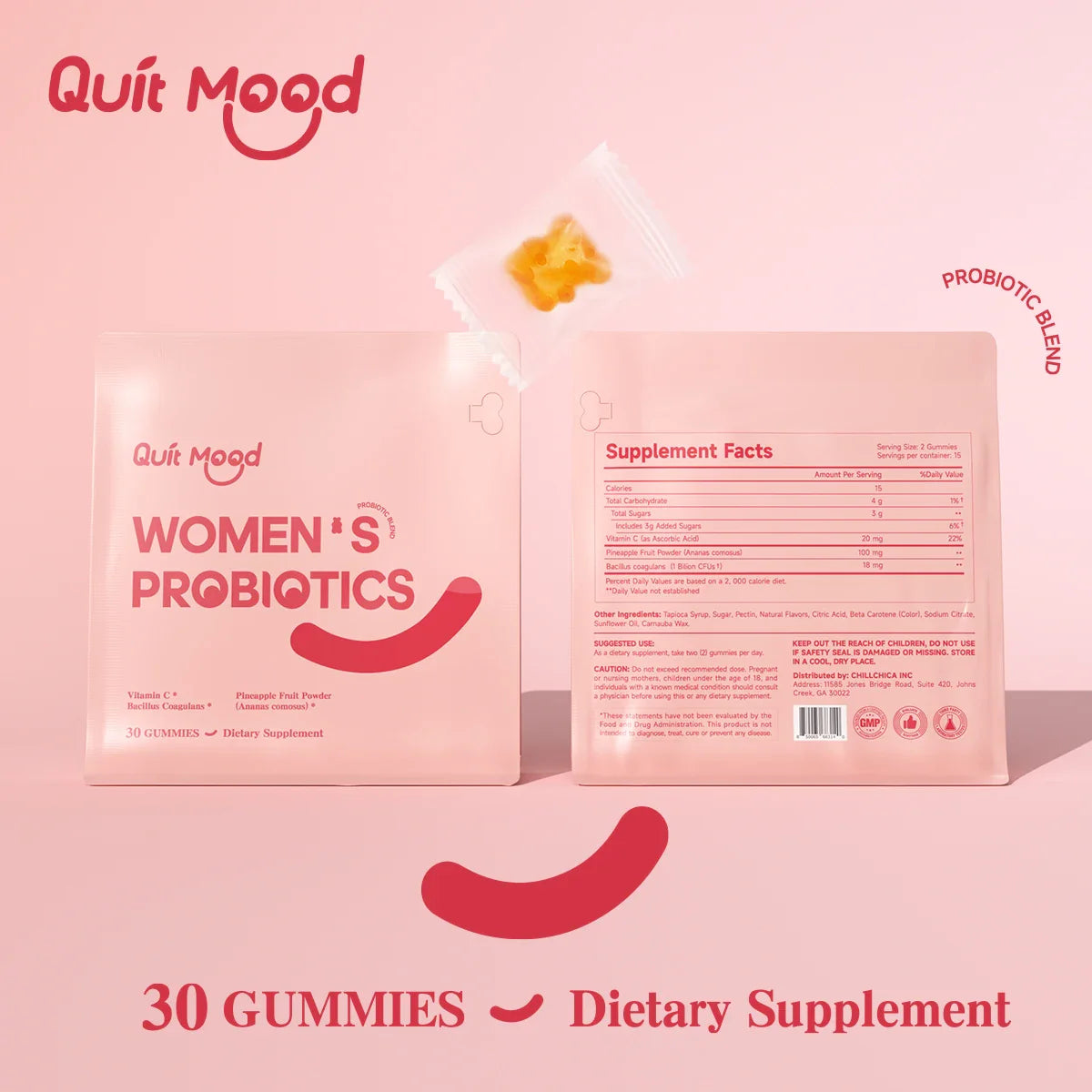 Quitmood Women's Probiotics Feminine ph Balance Gummies -Hawaiian Pineapple - individual package vitamin C