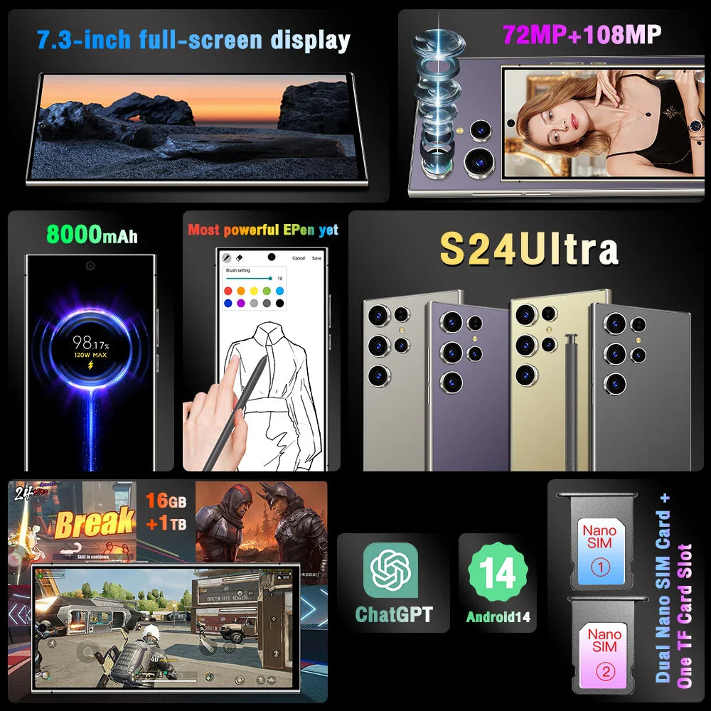 New S25 Ultra+ Smartphone 5G Signal 16GB+1TB Android 13 8000mAh phone Face Recognition Fingerprint unlocking Fast shipping