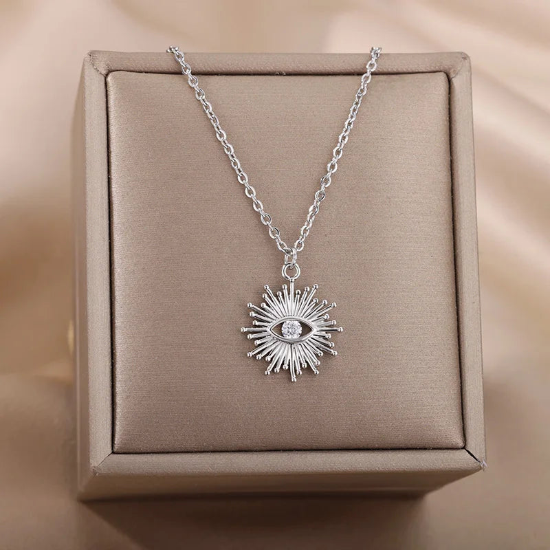 Zircon Evil Eye Necklaces for Women Stainless Steel Sun Pendant Chain Collier Necklace Fashion Turkey Eyes 2023 Goth Jewelry