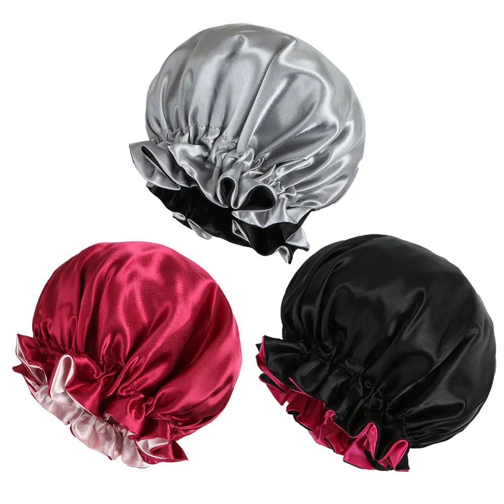 3pcs Reversible Elegant Satin Sleep Bonnets with Ruffled Design, Double Layer Sleeping Caps, Elastic Band, Soft Hair Bonnets for