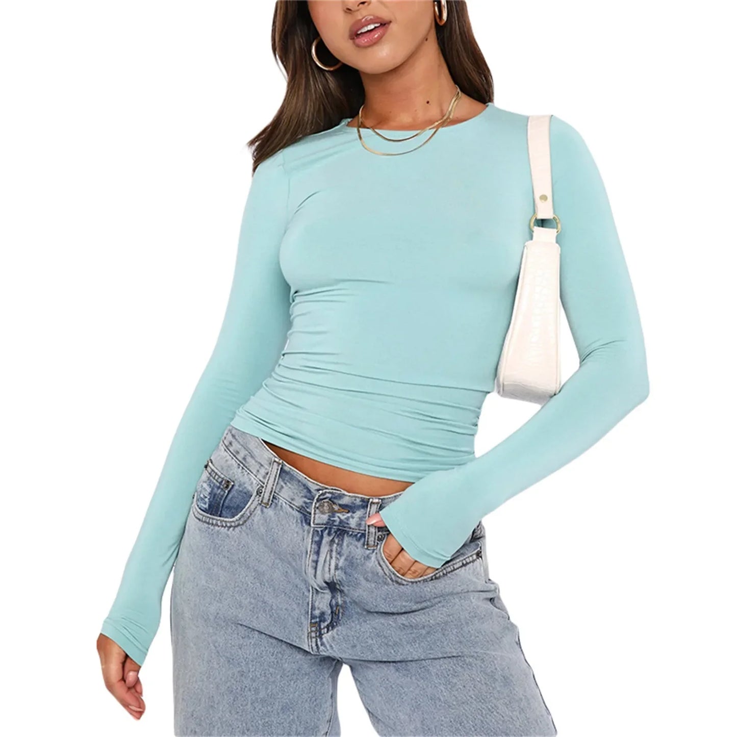 Solid Slim Fit Casual Women Long Sleeve T Shirt Spring Autumn Y2k Streetwear.