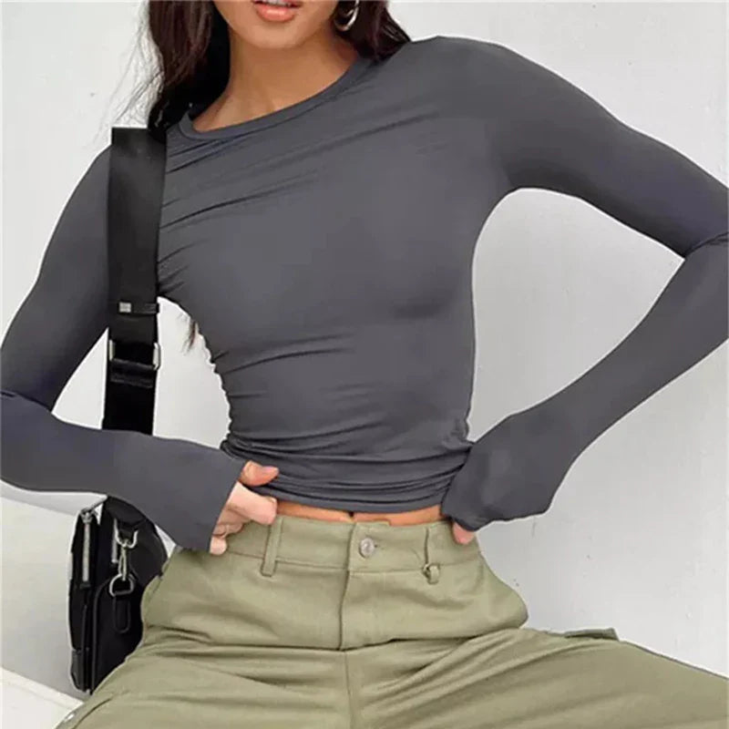 Solid Slim Fit Casual Women Long Sleeve T Shirt Spring Autumn Y2k Streetwear.