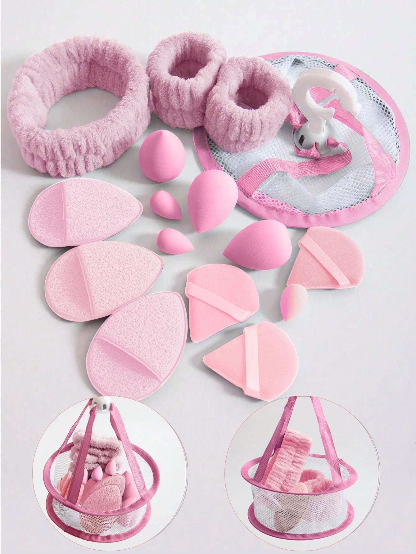 16pcs Makeup Tool Set With Storage Mesh Bag: 1 Mesh Bag, 1 Headband, 2 Wristbands For Face Wash, 3 Face Wash Gloves, 3 Powder
