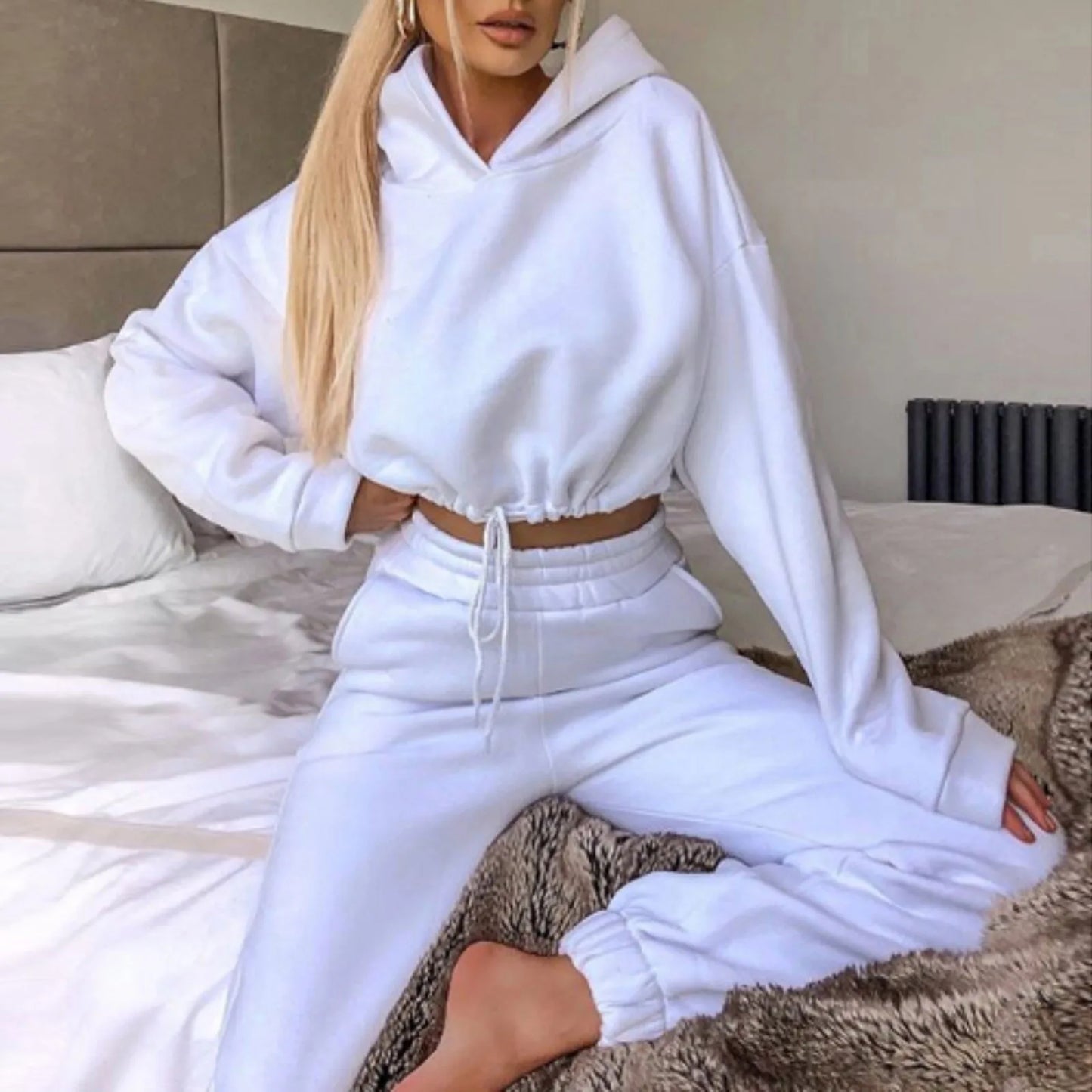 Winter Tracksuit Women Two Piece Set - Oversized Hoodie Sweatpants, Solid Color Sportswear Suit.