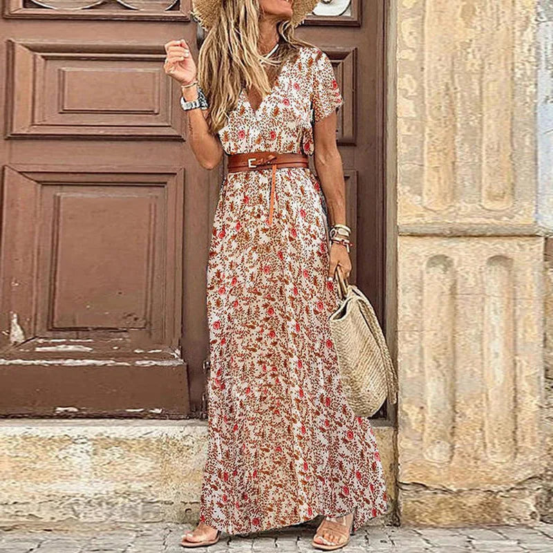 Women Bohemian Vintage Bohemian Dresses Floral Print Summer Casual Beach Holiday Maxi Dress Belt Large Hem Elegant Vestidos