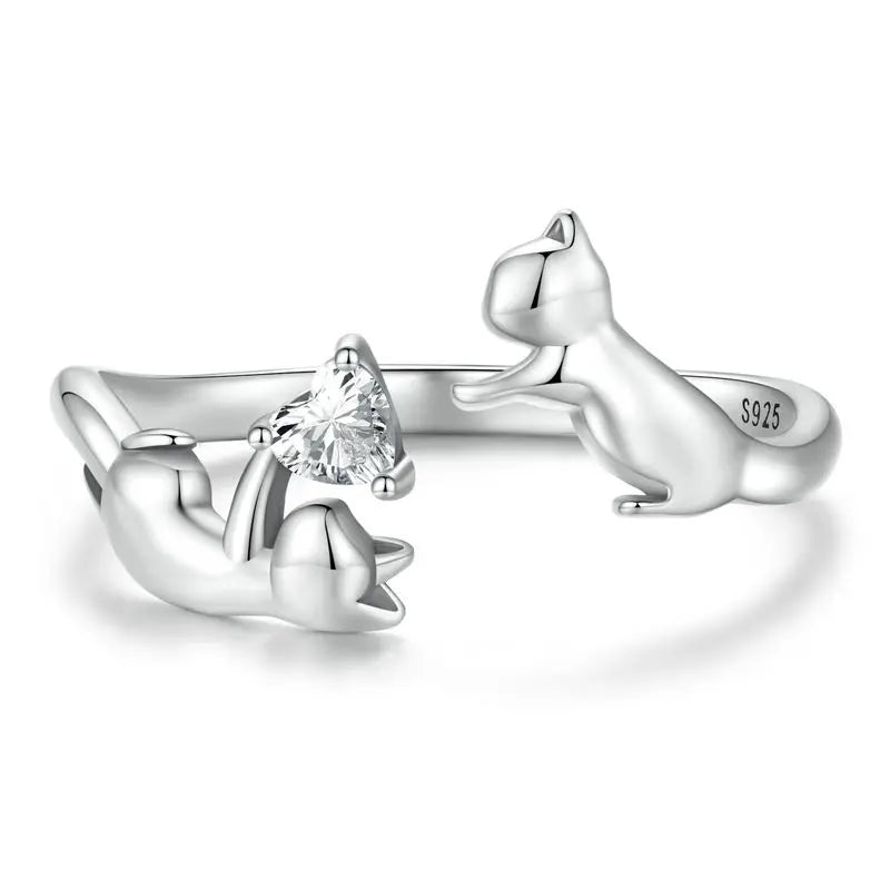 WOSTU 925 Sterling Silver Cat Pet Adjustable Rings For Women Animal Dog Open Ring Family Daughter Birthday Jewelry Girl Gift