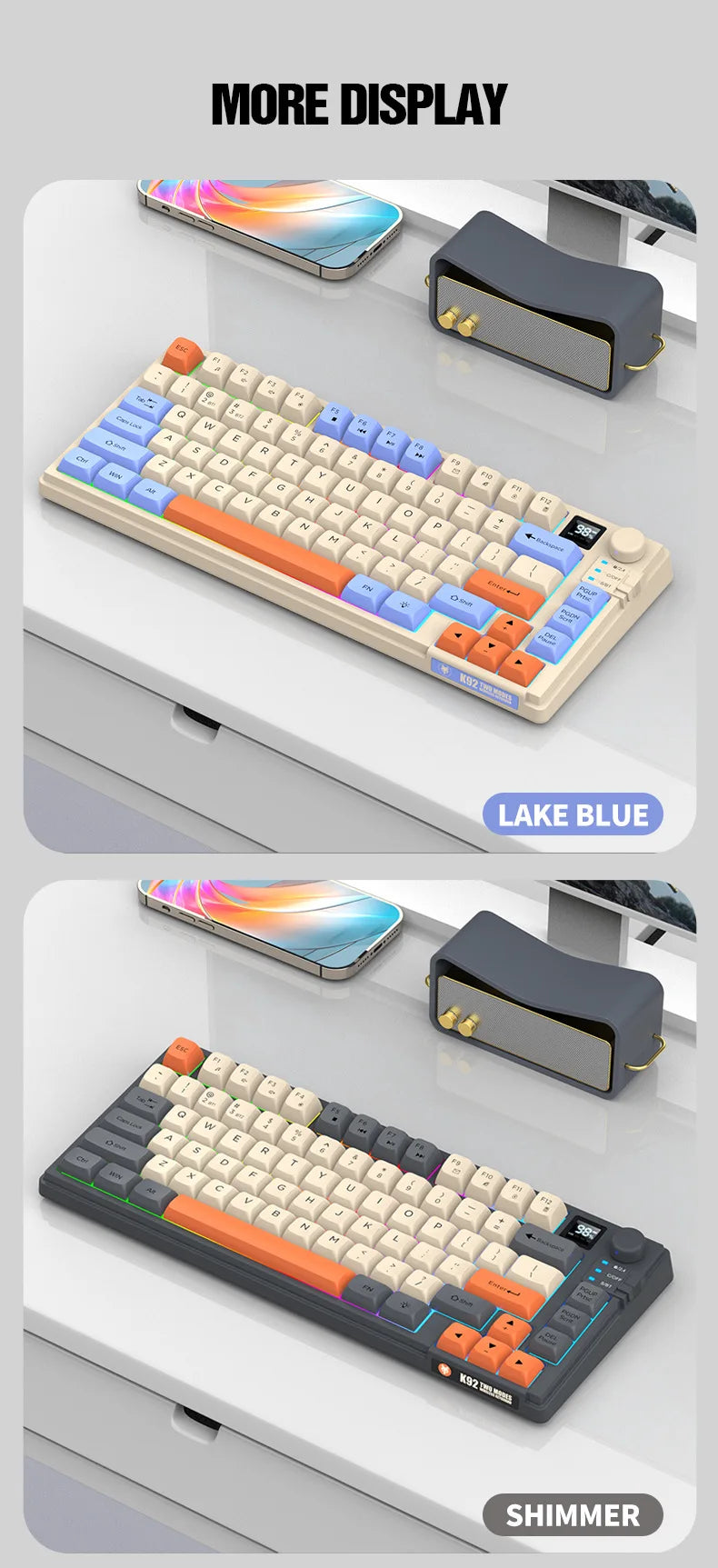 Wireless Keyboard 80 Key 80% Layout Spanish Russian Arabic Korean Keyboard Mouse Set Bluetooth 2.4G 2000mAh Type C K92 Backlight