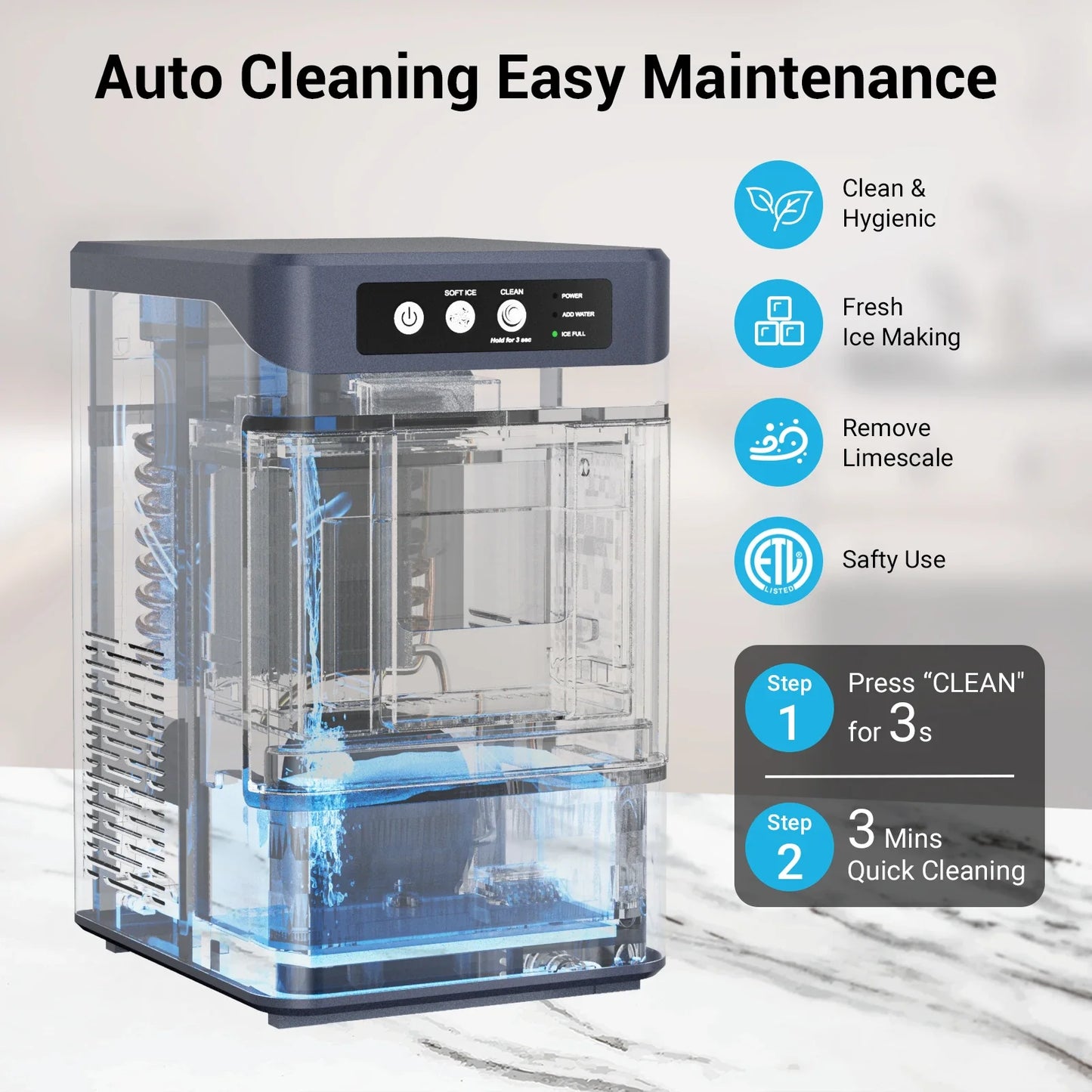 Nugget Ice Maker Countertop with Side Water Tank 40lbs/Day Self-Cleaning Pebble Ice Maker Machine Soft Chewable Pellet Ice
