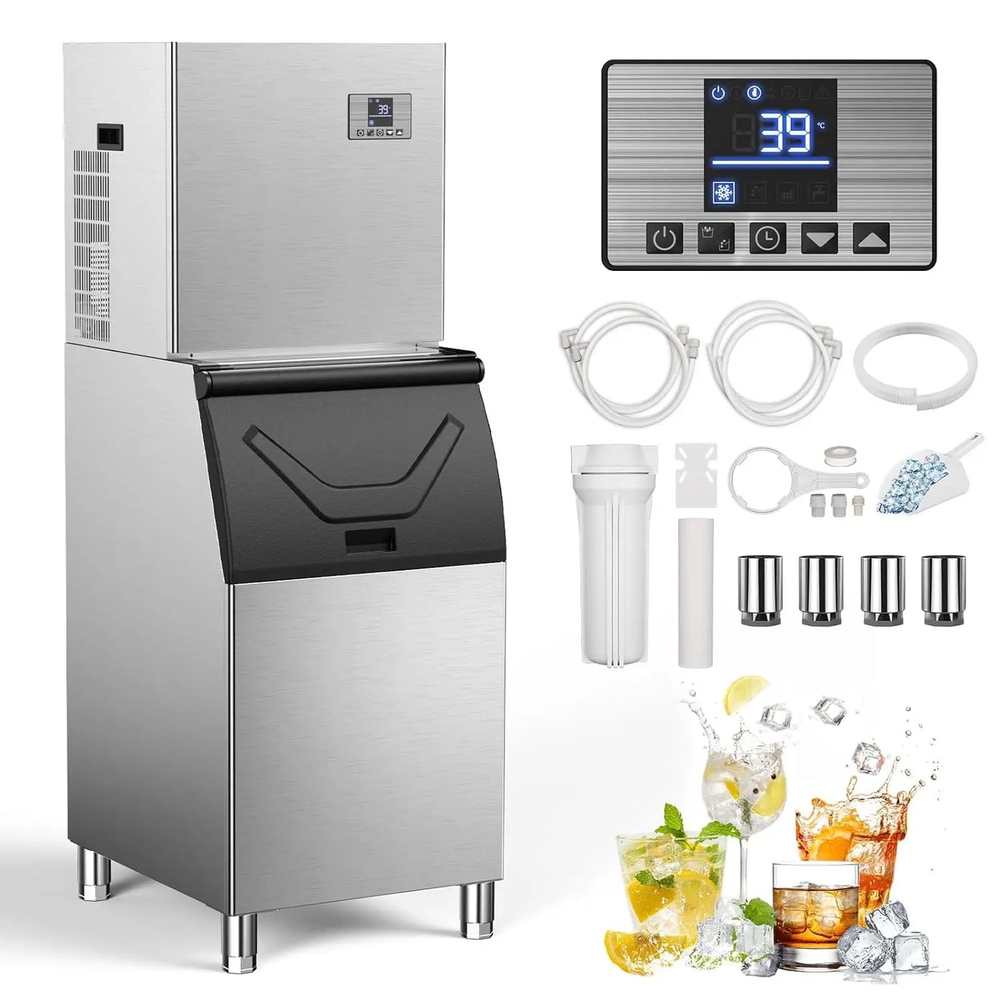 Commercial 550Lbs/24H Ice Maker Machine,Ice Ready in 5-15 min,360Lbs Large Storage,1033W Stainless Steel Electric Nugget Ice Mac