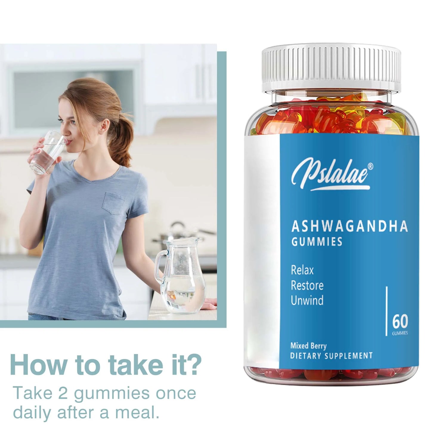 Ashwagandha Gummies - Relieve Stress and Mood, Help The Brain Improve Memory, and Improve Sleep Health - 60 Gummies