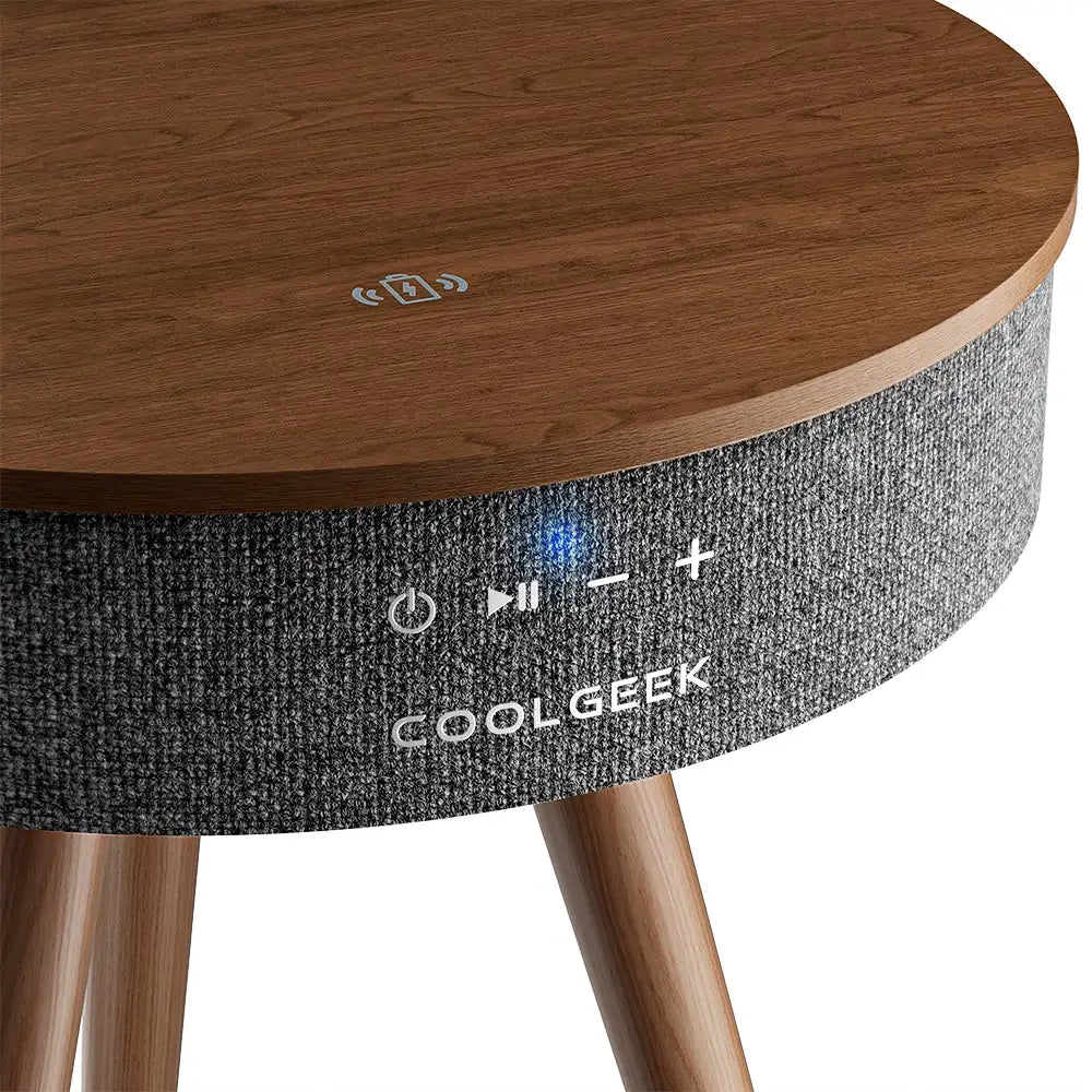 CoolGeek R1 Bluetooth Speaker Side Table with Wireless Charging, Natural Wood Smart Nightstand, 5.3 Bluetooth HiFi Stereo Sound,