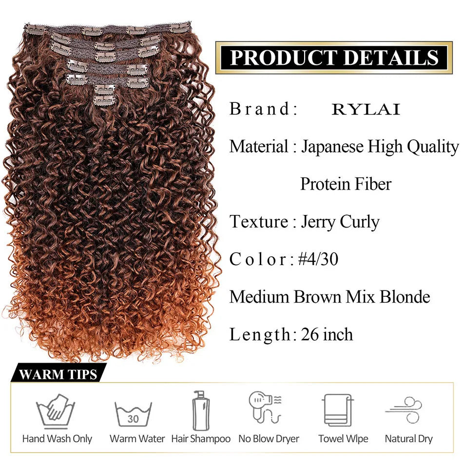 Synthetic Extensions Curly Hair Extensions Clip in 26Inch Kinky Curly Fake Hair Pieces  For Women  And daily wear Or Cosplay