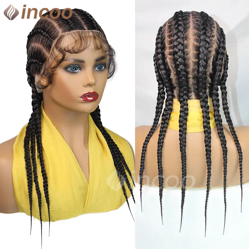 36 Inches Cornrows Braided Wigs Synthetic Full Lace Wig For Black Women Jumbo Braided Wigs Lace Frontal Faux Locs Box Braids Wig