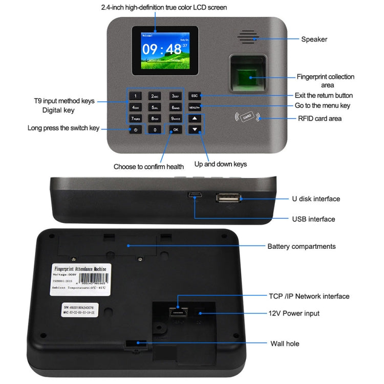 Realand AL321D Fingerprint Time Attendance with 2.4 inch Color Screen & ID Card Function & Battery
