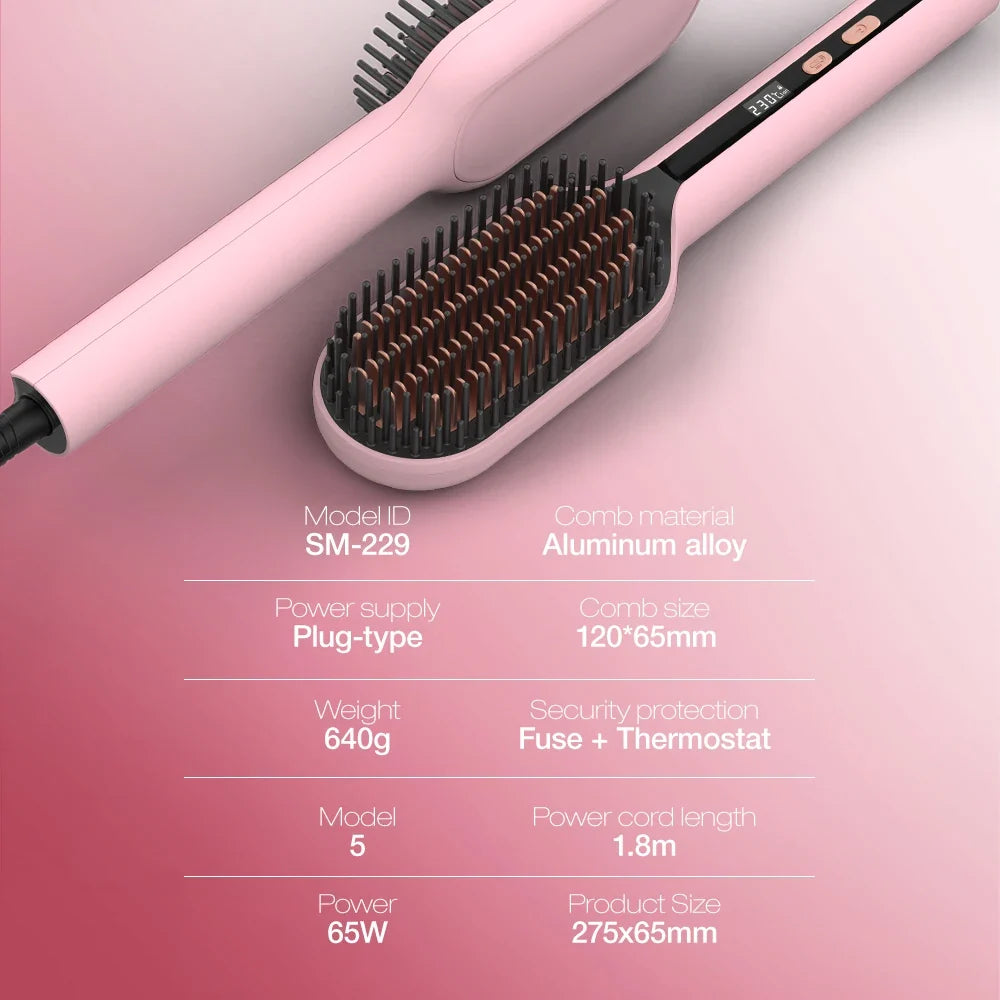 Electric Hair Straightening Brush, 45s Fast Heat-Up, 5 Temp Modes Hot Straightener Comb, 360° Swivel Cord, Smooth Hair, 120-240V