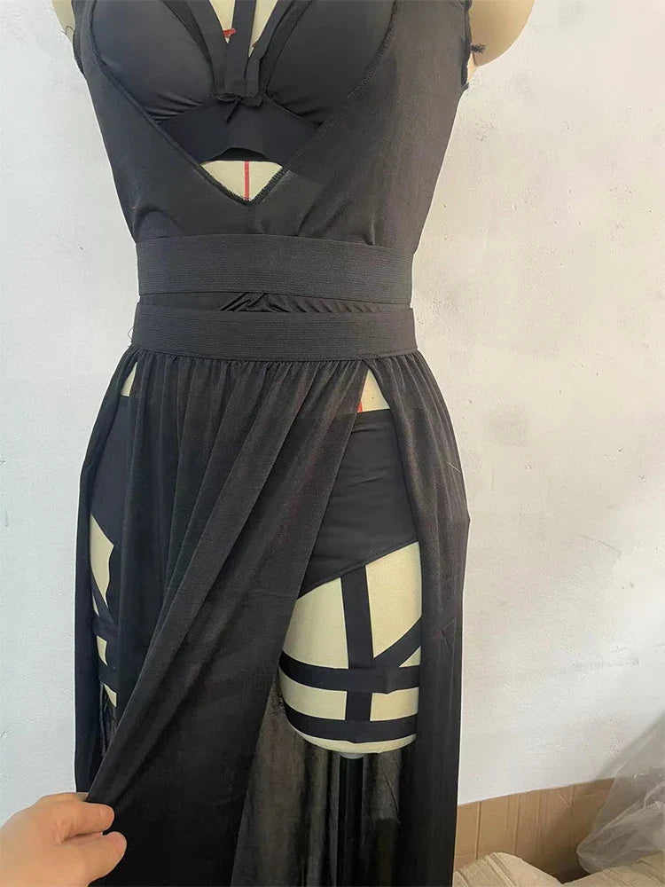 InsDoit Gothic Club Sexy Summer Skirt Set Women Sleeveless Black Corset Crop Top Bandage Underpants Mesh Split Skirt 3pcs Sets