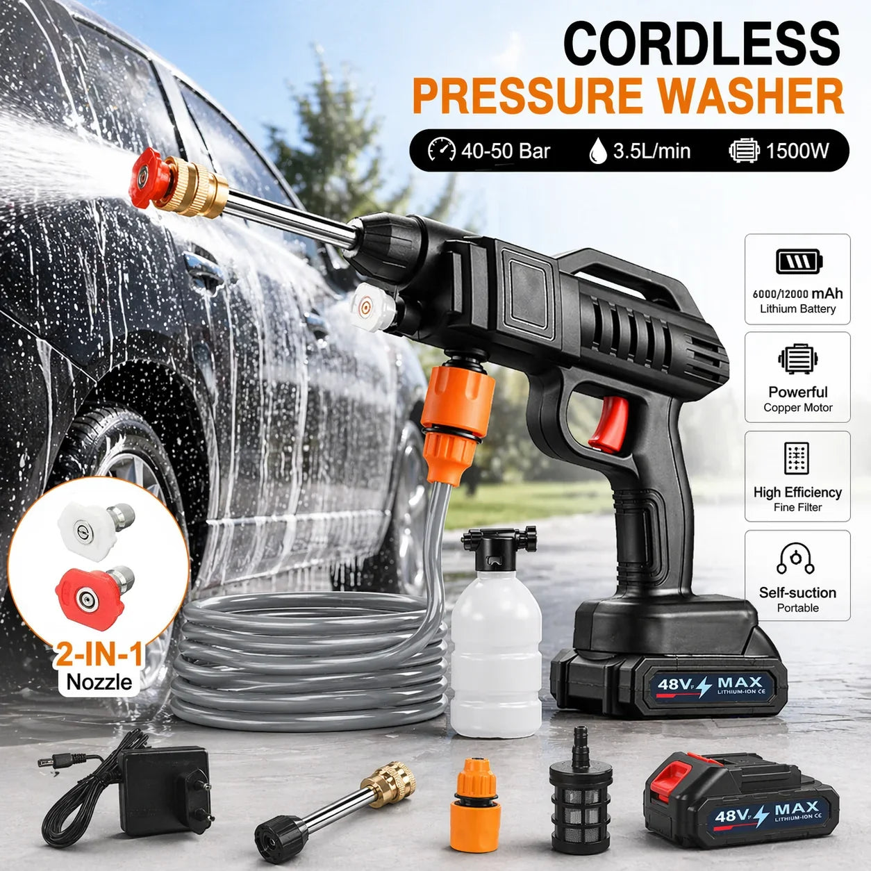 1500W 40-50 Bar Cordless High Pressure Cleaner Washer Spray Water Gun Car Wash Pressure Water Cleaning Machine for Car Garden