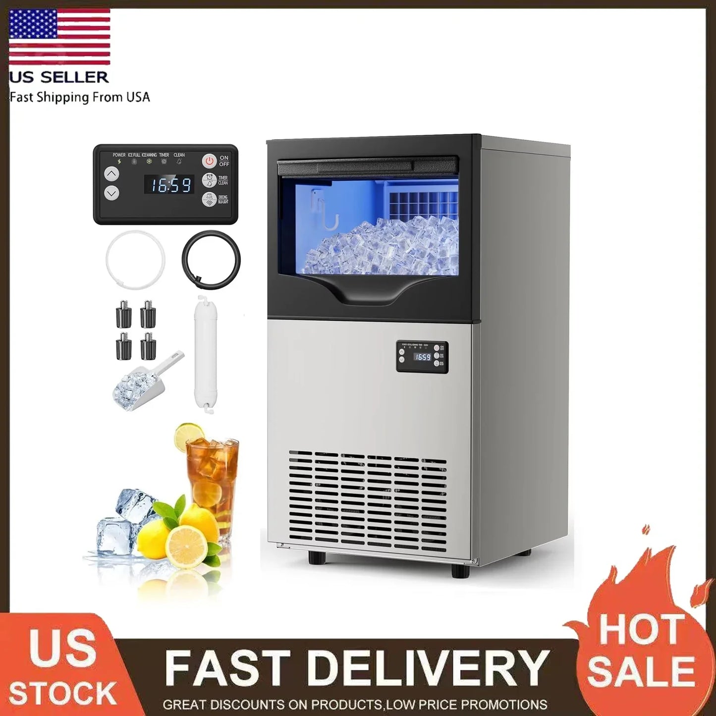 Commercial Ice Maker Machine 120 Lbs/24H Under Counter, Stainless Steel Freestanding Ice Machine, 45 Ice Cubes in 8-15 Minutes