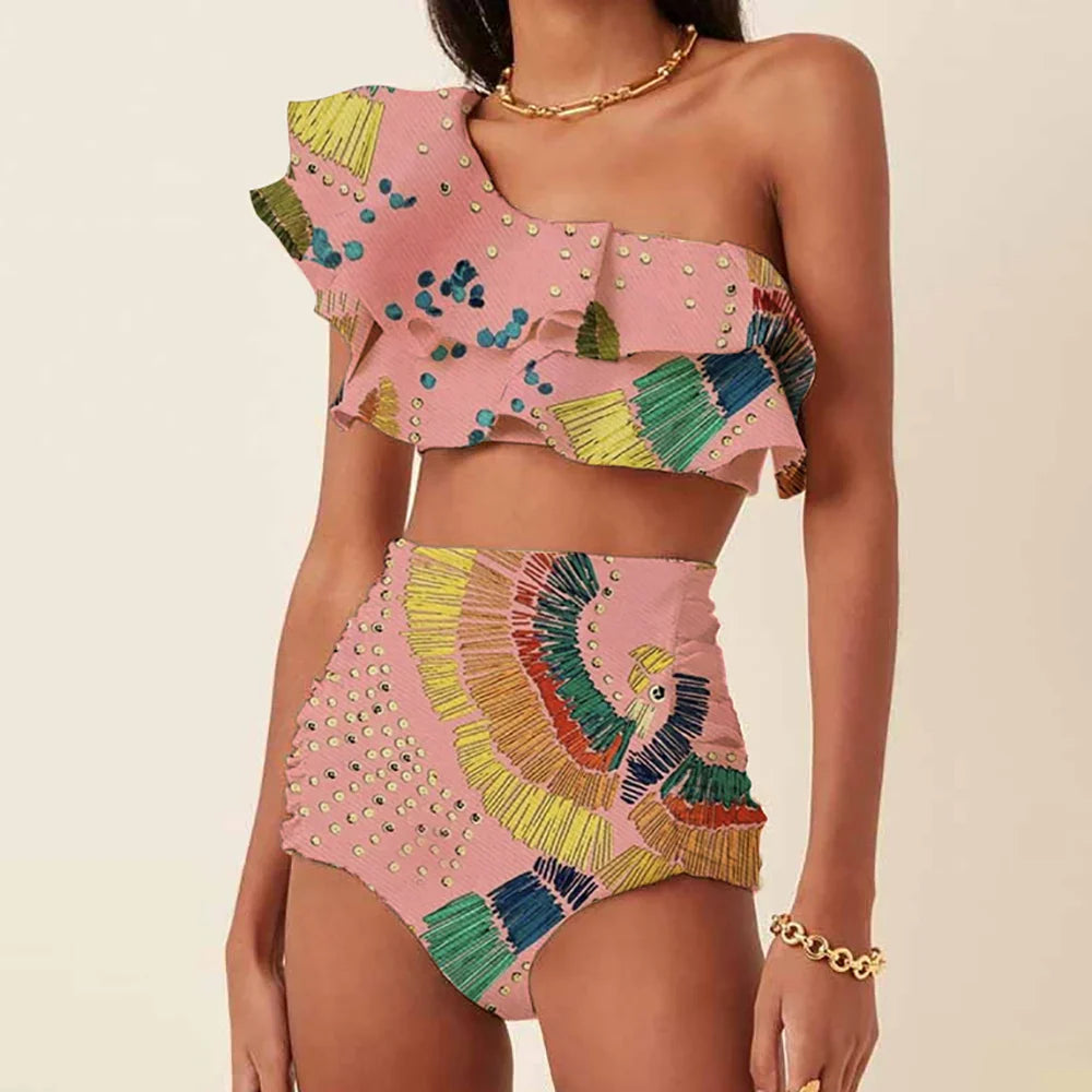 Women's Printed Ruffle Swimsuit Fashion One Shoulder Slash Breasted Bikini Two Piece High Waisted Tummy Tuck Beachwear 2024 New