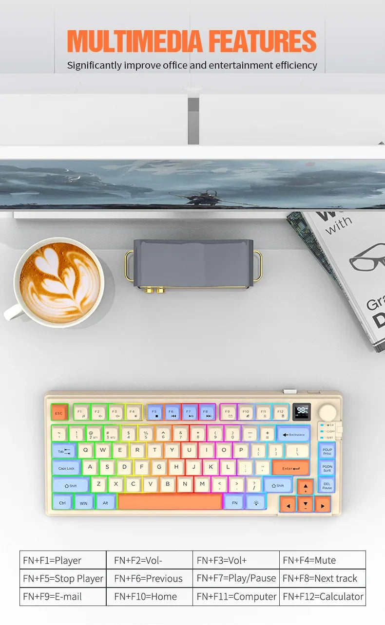 Wireless Keyboard 80 Key 80% Layout Spanish Russian Arabic Korean Keyboard Mouse Set Bluetooth 2.4G 2000mAh Type C K92 Backlight