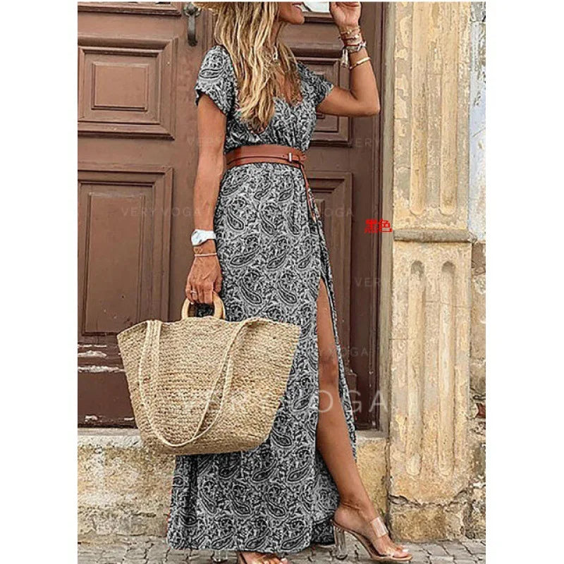 Women Bohemian Vintage Bohemian Dresses Floral Print Summer Casual Beach Holiday Maxi Dress Belt Large Hem Elegant Vestidos