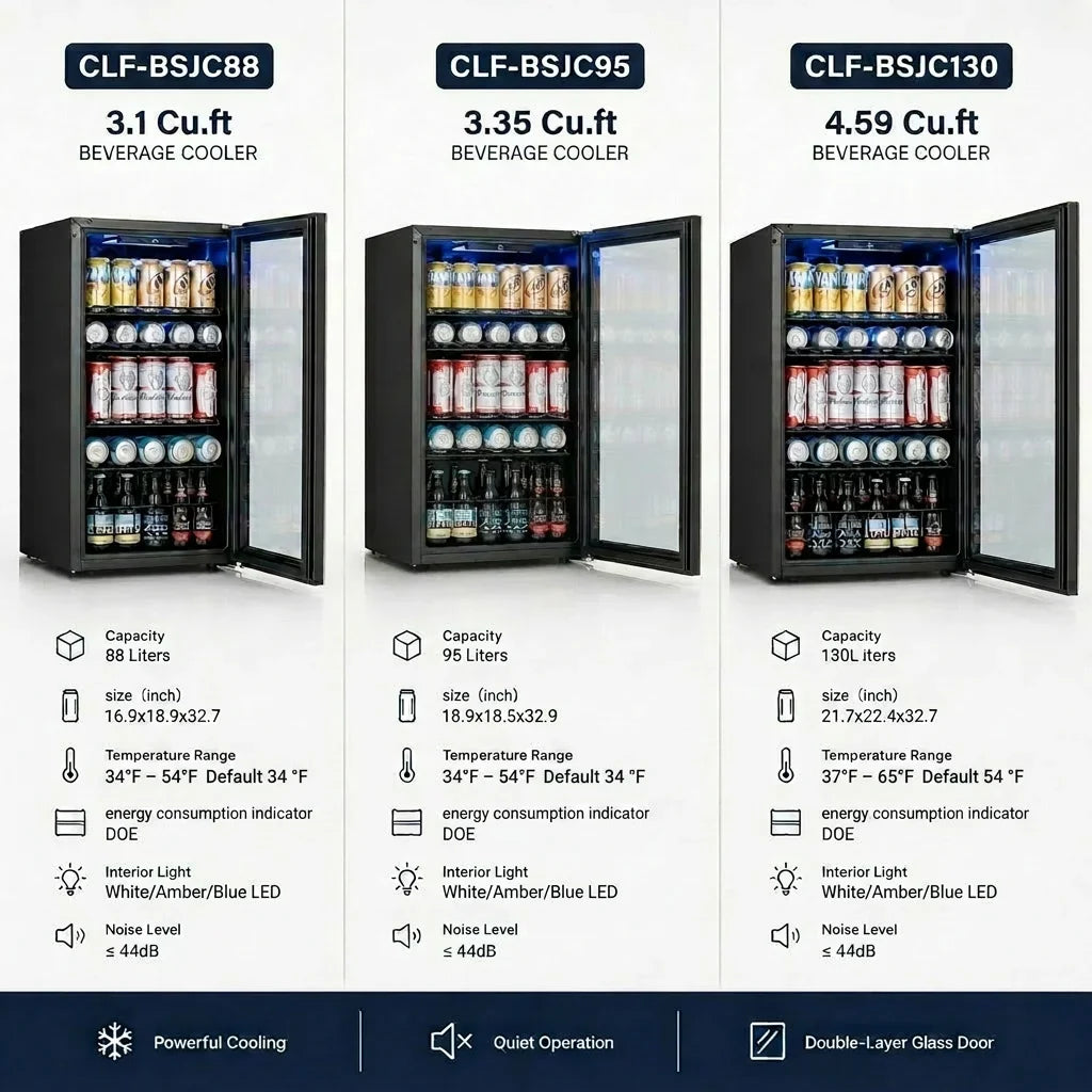 beverage cooler 3.1/3.35/4.59 cu.ft 88/95/130L Single temperature zone Direct cooling beverage/beer refrigerator Built in LED ambient-lighting light Perfect for kitchen/living room/office area/bar counter and other occasions