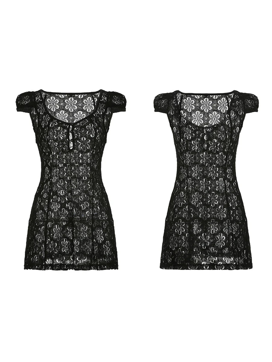 Edhomenn Women Short Flowy Dress Square Neck Cute White Mini Dress Backless Y2k A line Dress Ruffle Ruched Lace Dress