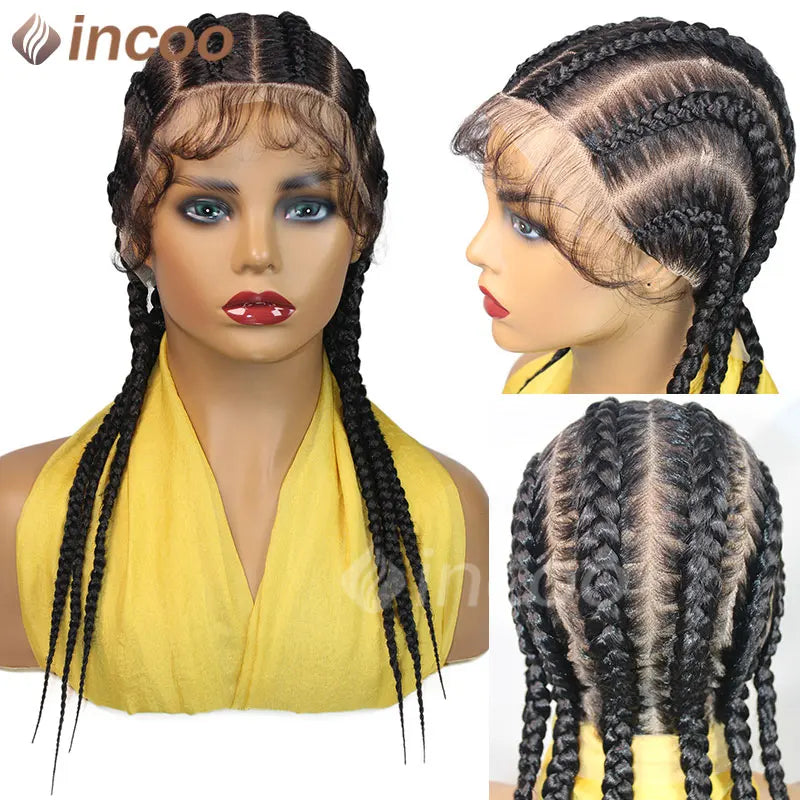 36 Inches Cornrows Braided Wigs Synthetic Full Lace Wig For Black Women Jumbo Braided Wigs Lace Frontal Faux Locs Box Braids Wig