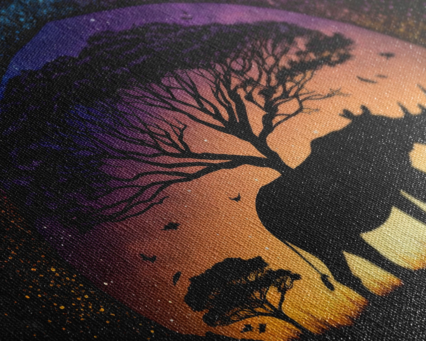 Rhino Silhouette against a starry night sky, wildlife art, animal prints, framed canvas print