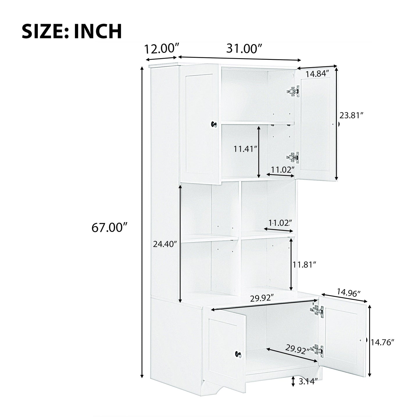 Bathroom storage cabinet, 4-door independent cabinet, adjustable shelf, open multi-layer shelf, white