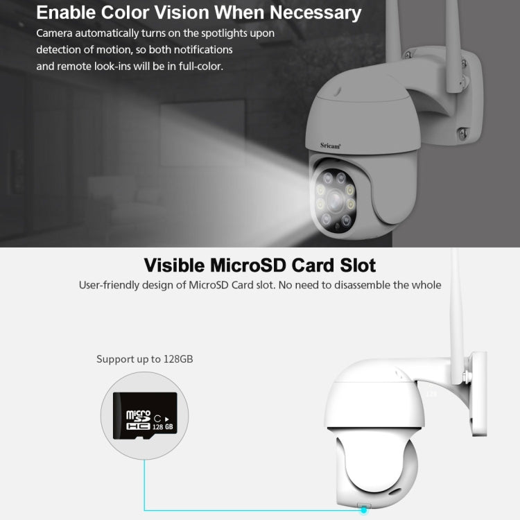Sricam SP028 1080P HD Outdoor PTZ Camera, Support Two Way Audio / Motion Detection / Humanoid Detection / Color Night Vision / TF Card, EU Plug