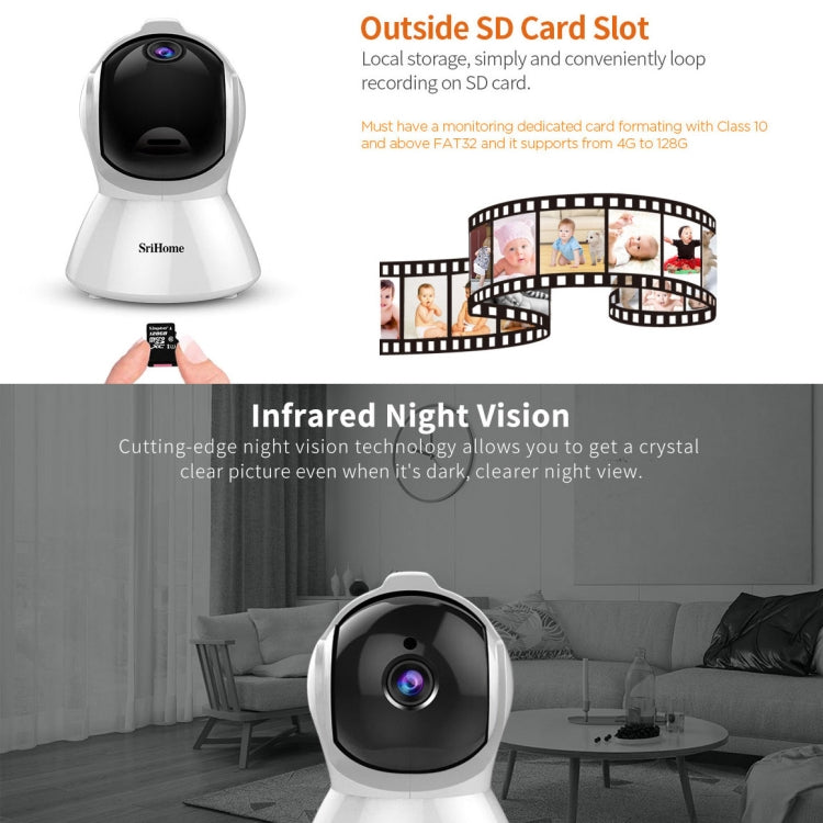SriHome SH025 2.0 Million Pixels 1080P HD AI Auto-tracking IP Camera, Support Two Way Audio / Motion Tracking / Humanoid Detection / Night Vision / TF Card, US Plug