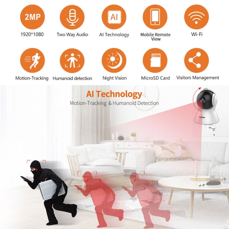 SriHome SH025 2.0 Million Pixels 1080P HD AI Auto-tracking IP Camera, Support Two Way Audio / Motion Tracking / Humanoid Detection / Night Vision / TF Card, UK Plug