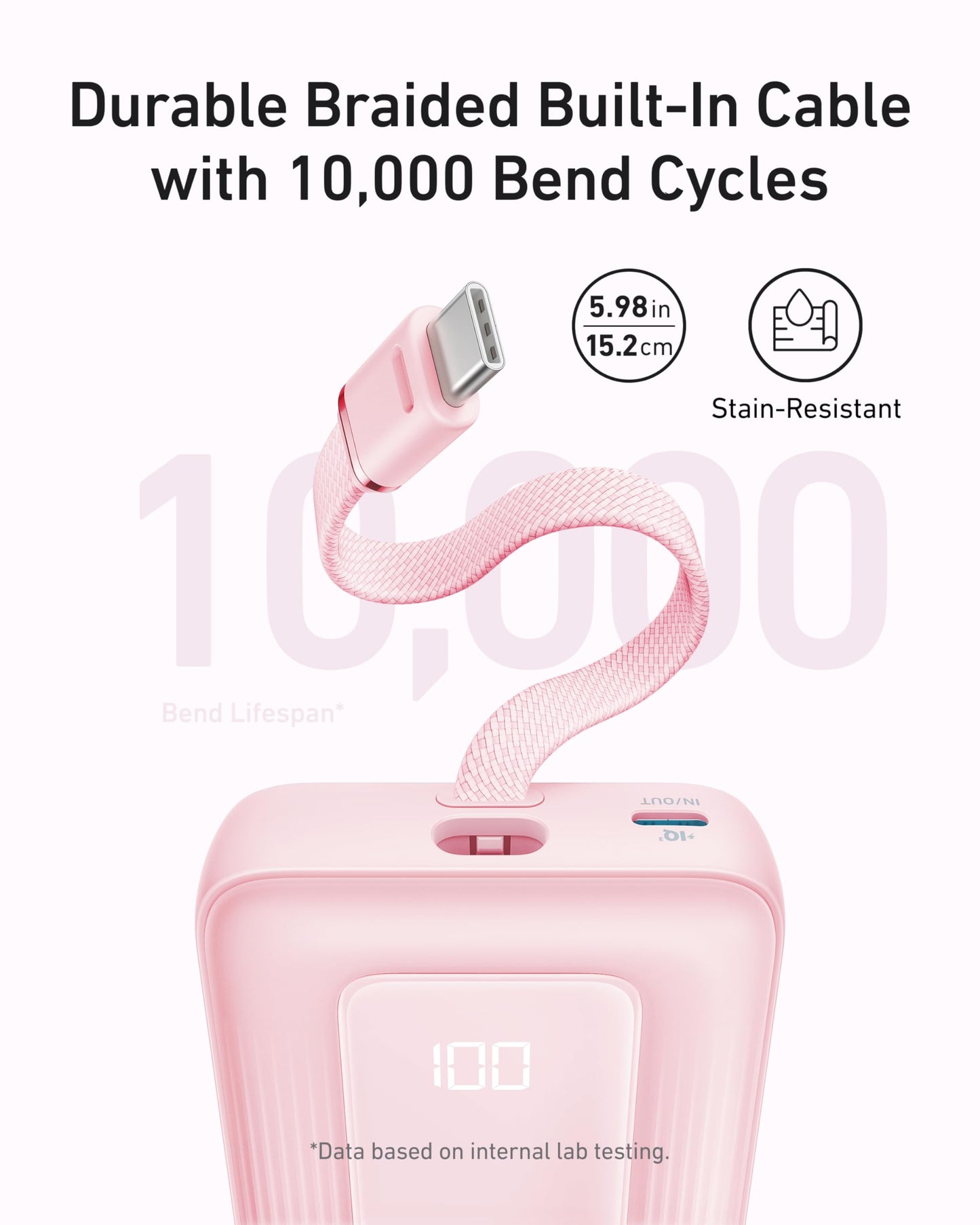 Anker Zolo Power Bank (10K, 30W) with a 5.4-inch (13.7 cm) built-in USB-C cable.