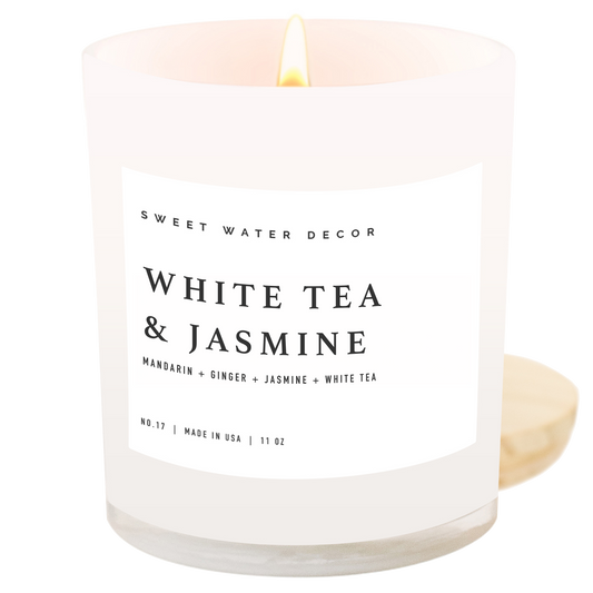 White Tea and Jasmine Soy Candle - White Jar - 11 oz