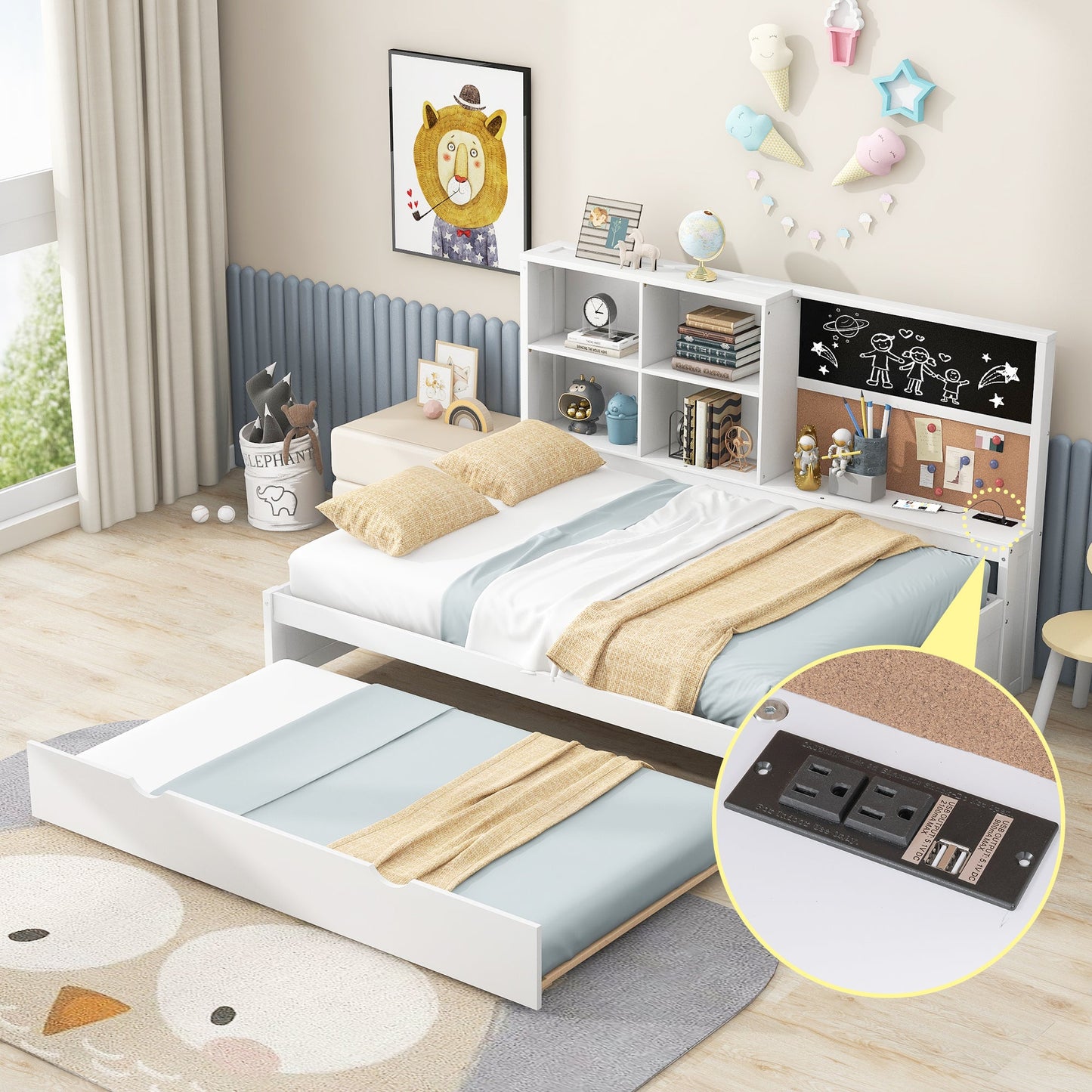 Full Size Daybed with Storage Shelves, Blackboard, Cork board, USB Ports and Twin Size Trundle  White