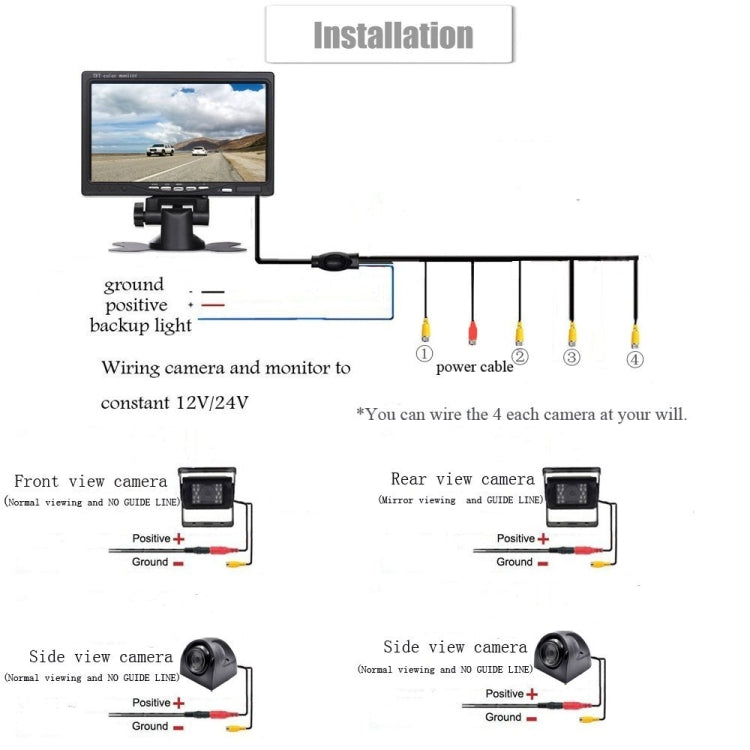 K0164 7 inch HD Car 18 IR Night Vision Rear View Backup Four Cameras Rearview Monitor, K0164