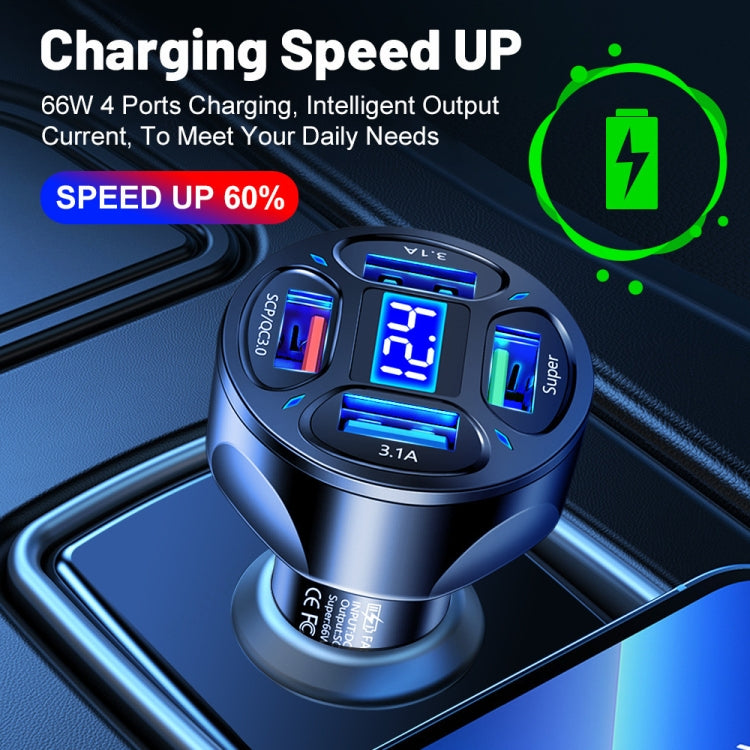 66W 4 in 1 Digital Display Fast Charging Car Charger with Voltmeter, 66W