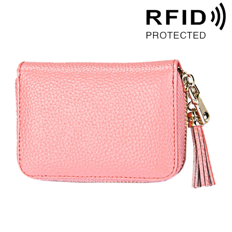 Genuine Cowhide Leather Solid Color Zipper Card Holder Wallet RFID Blocking Card Bag Protect Case Coin Purse with Tassel Pendant & 15 Card Slots for Women, Size: 11.1*7.6*3.5cm