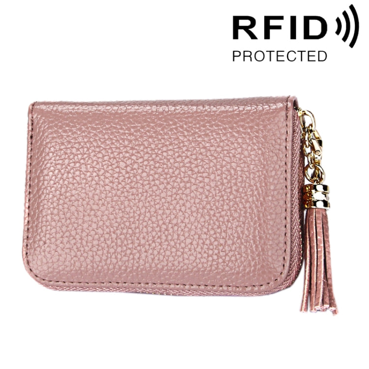 Genuine Cowhide Leather Solid Color Zipper Card Holder Wallet RFID Blocking Card Bag Protect Case Coin Purse with Tassel Pendant & 15 Card Slots for Women, Size: 11.1*7.6*3.5cm