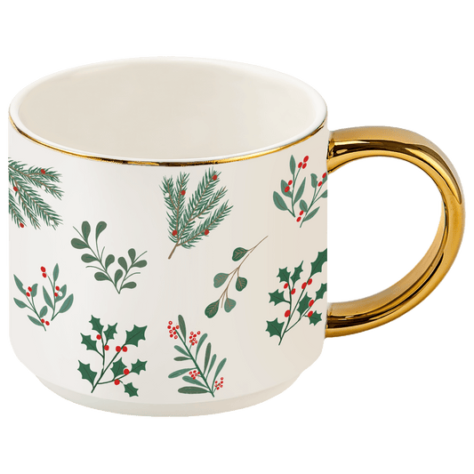 Holiday Greenery 14 oz Gold Handle Coffee Mug